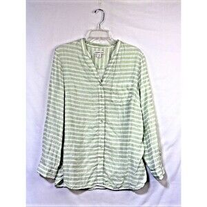Coldwater Creek Top Women M Green Stripe Button Up Shirt Linen Tab Sleeve Pocket
